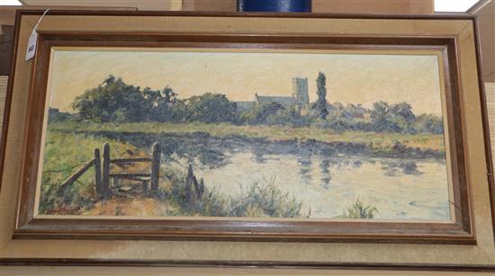 Ernest Knight (1915-1995), oil on canvas board, Church viewed from a river bank, signed, 29 x 68cm